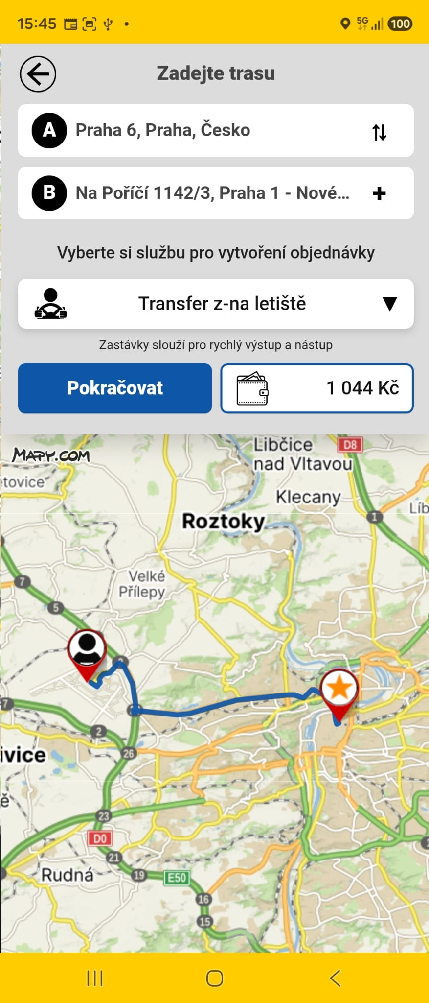 Zadání trasy a výpočet ceny